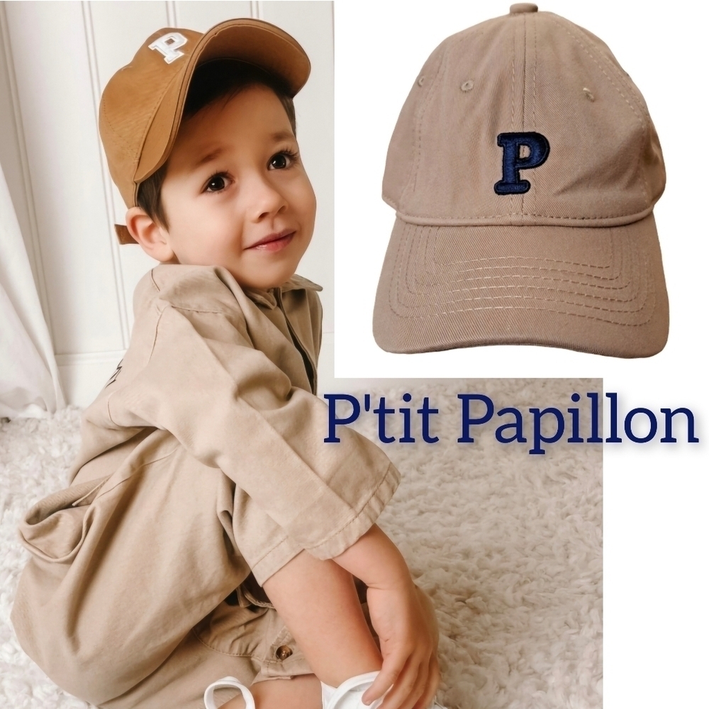 Child's Cap•Belgian Brand P'tit Papillon by Elke Vion•Tan Hat & Navy "P"•NWOT